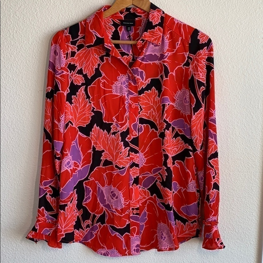 Who What Wear Red Poppy Floral Ruffle Cuff Blouse Womens Size: XS New With Tags!
